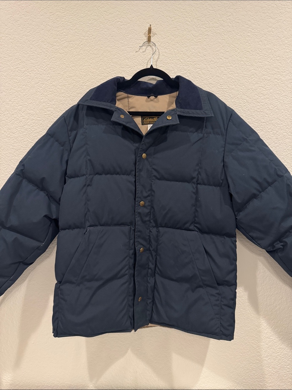 RARE VINTAGE Eddie Bauer Goose Down Puffer Jacket Navy Blue Corduroy Collar
